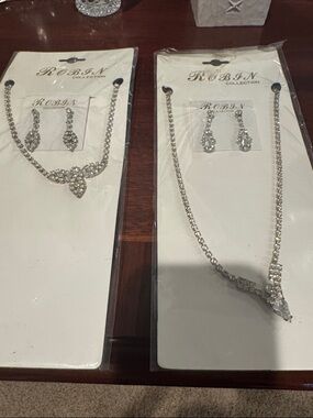 2 Silver Crystal Necklace with Matching Earrings - Clear Rhinestone Jewelry $10